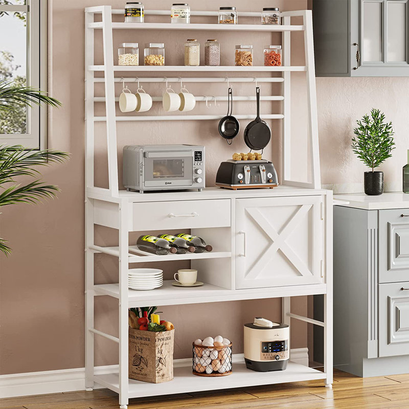Tierone Baker s Rack Coffee Bar Cabinet Farmhouse Microwave Stand With Wine Rack Storage Drawer And 8 Hooks Bakers Racks For Kitchens With